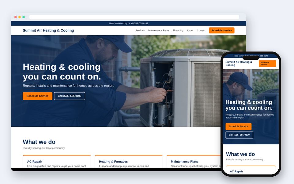 Sample website design for a fictional Summit Air Heating & Cooling