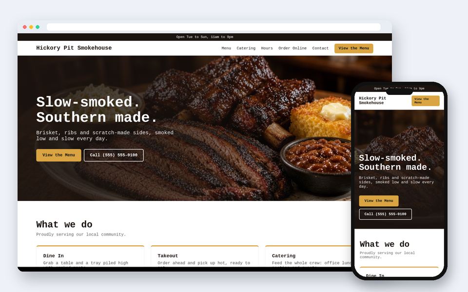 Sample website design for a fictional Hickory Pit Smokehouse