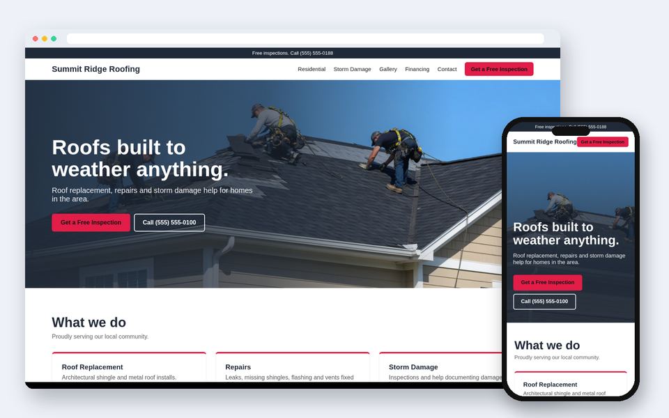 Sample website design for a fictional Summit Ridge Roofing