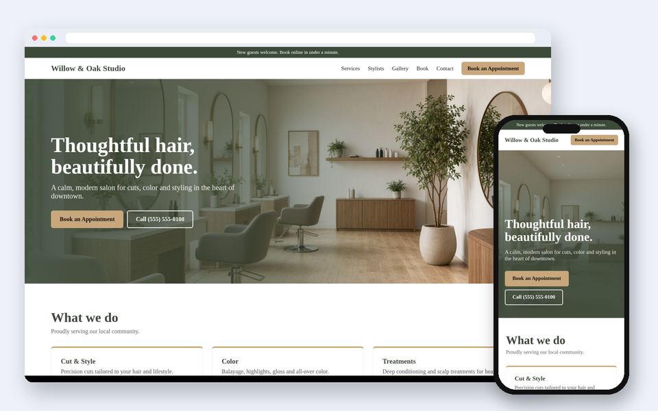 Sample website design for a fictional Willow & Oak Studio